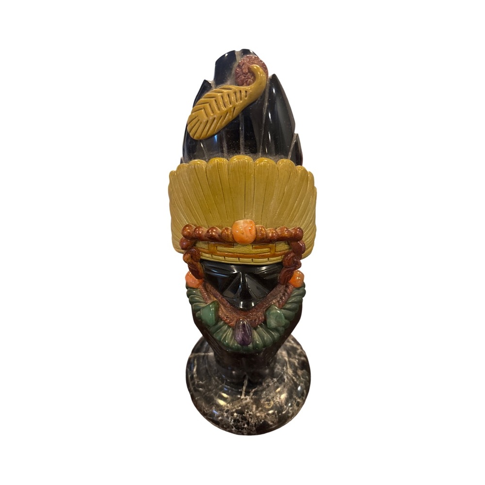 Vintage Aztec Mayan Warriors Statue Obsidian Carved Stone Figure